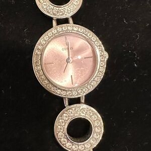 GUESS WATCH PINK FACE SILVER TONE WITH RHINESTONES